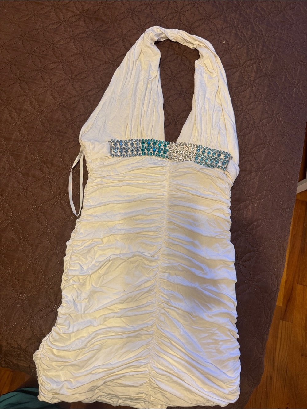 Sky White Ruched Halter Mini Dress with Teal and Silver Embellished Band